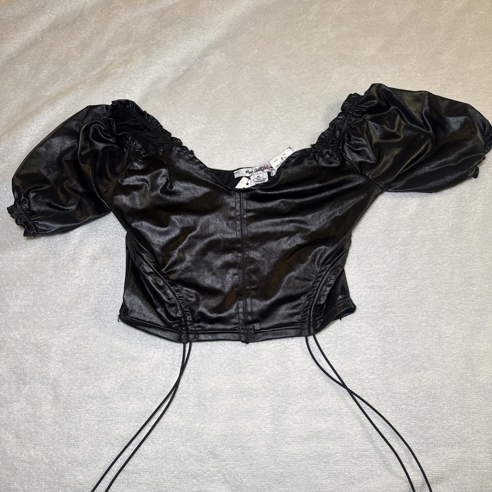 Miss Selfie Faux Leather Corset Crop Top Puffed Sleeve Lace NWT